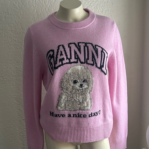 Ganni MED Pink Graphic Dog preppy Sweater NWT - Picture 6 of 16
